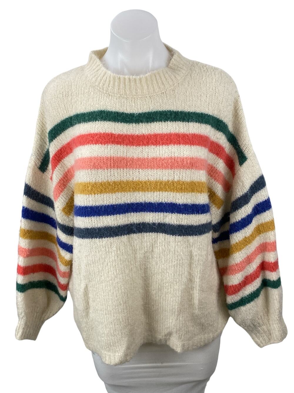 Wishlist Beige Rainbow Striped Long Sleeve Mock Neck Knit Sweater Top Size M/L